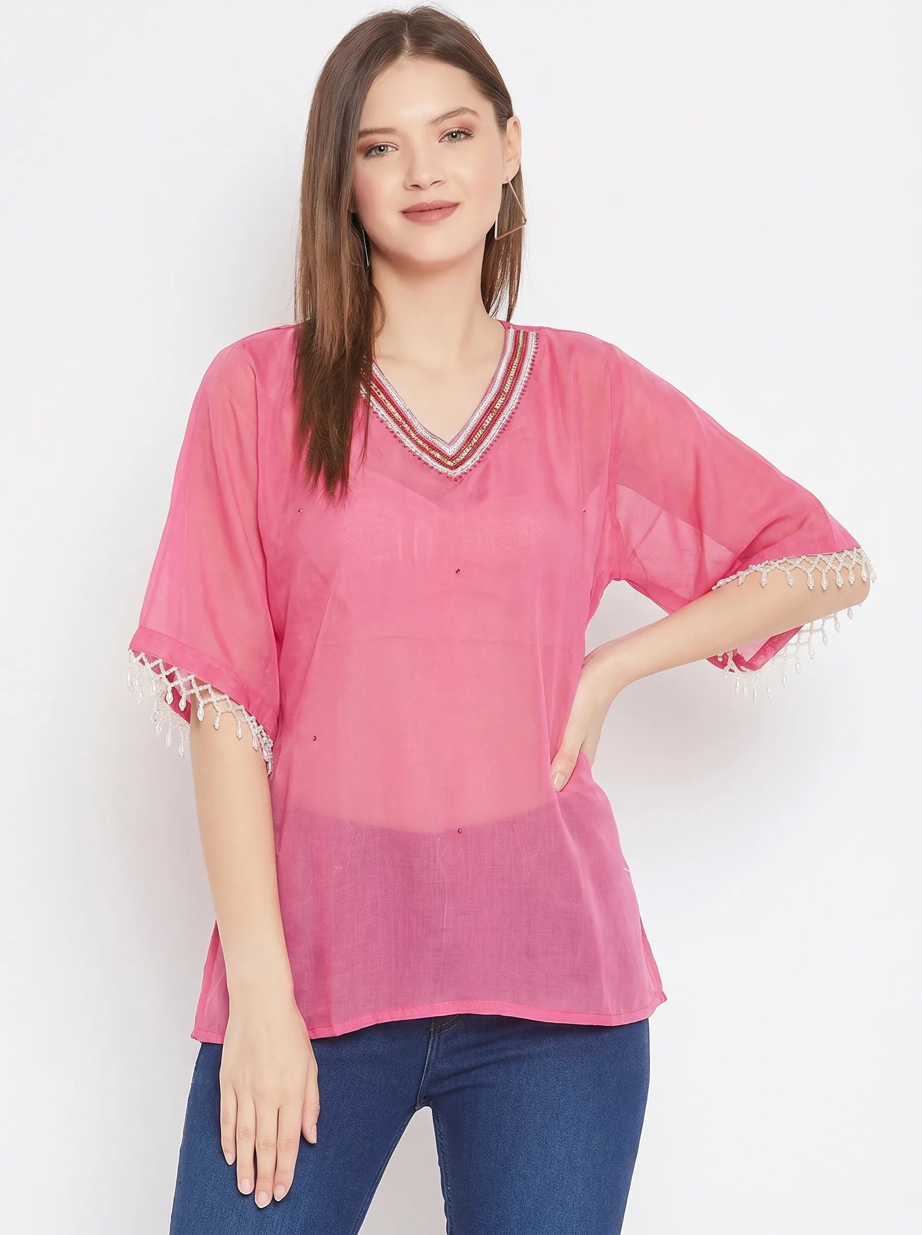 The Kaftan Company Tops One Size Pink Solid Georgette Kaftan Top with Hand Embroidery and Lace Trim