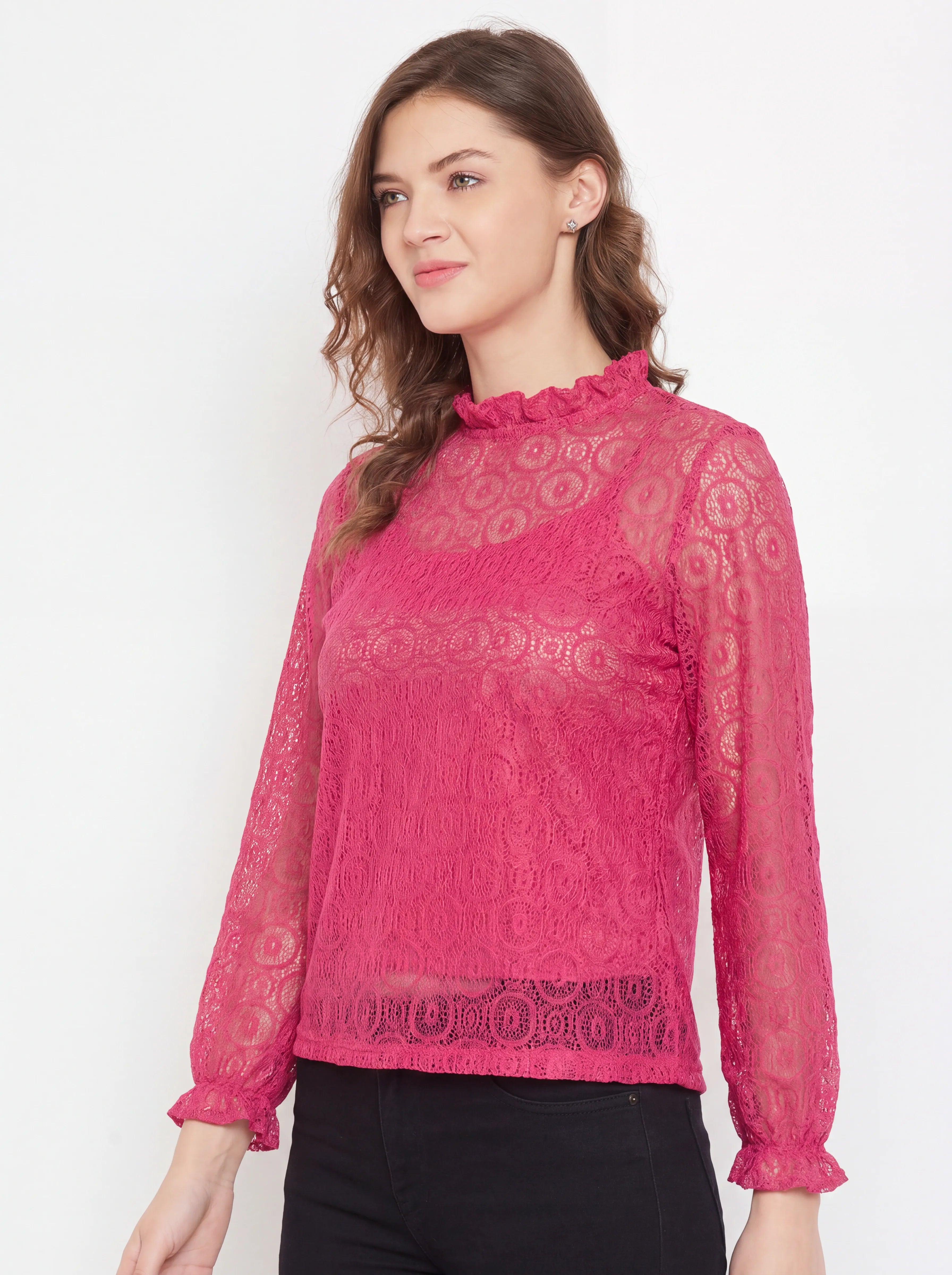 The Kaftan Company Tops Pink Circular Lace Top with Ruffle Neck and Cuffs