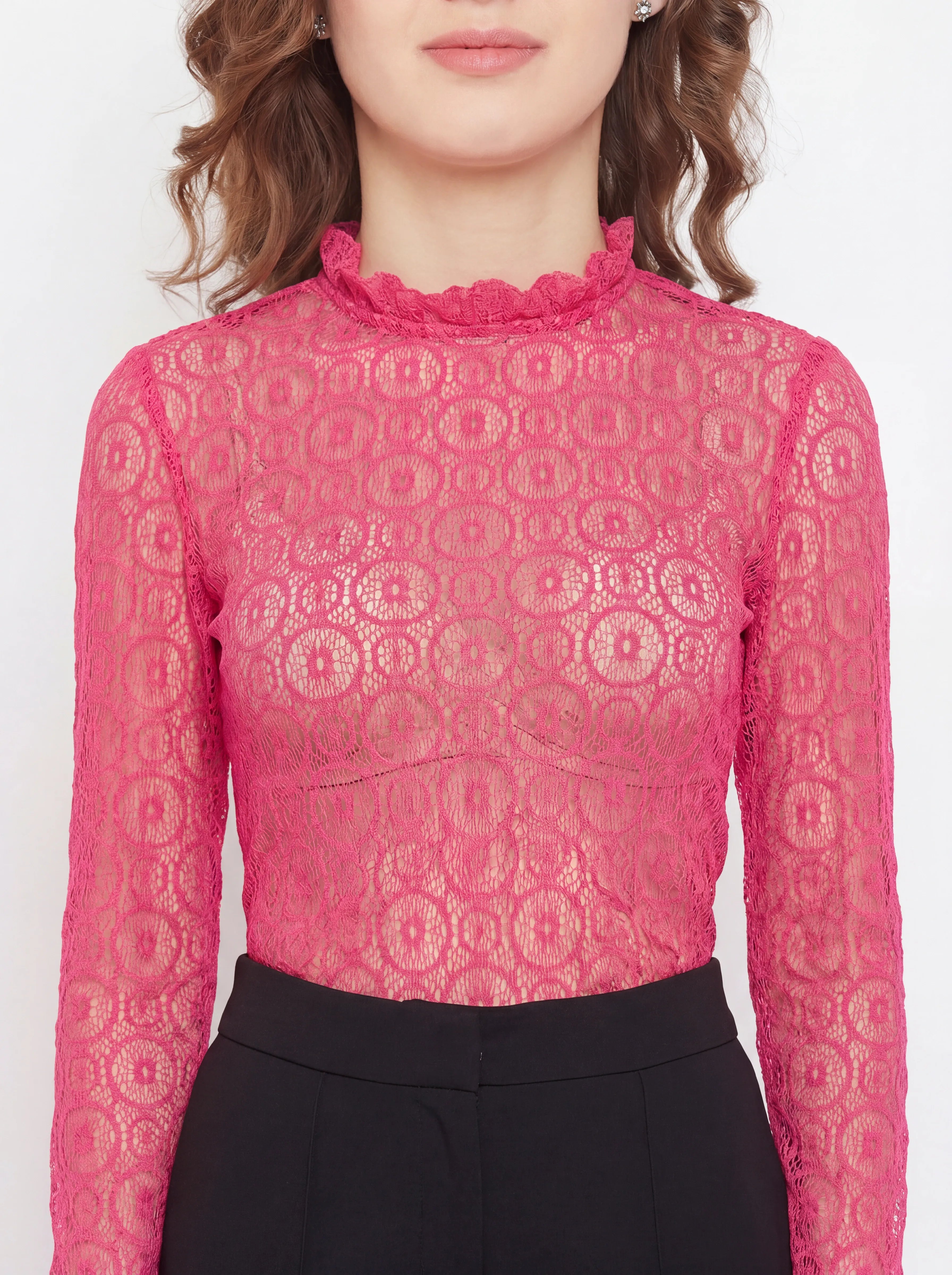 The Kaftan Company Tops Pink Circular Lace Top with Ruffle Neck and Cuffs