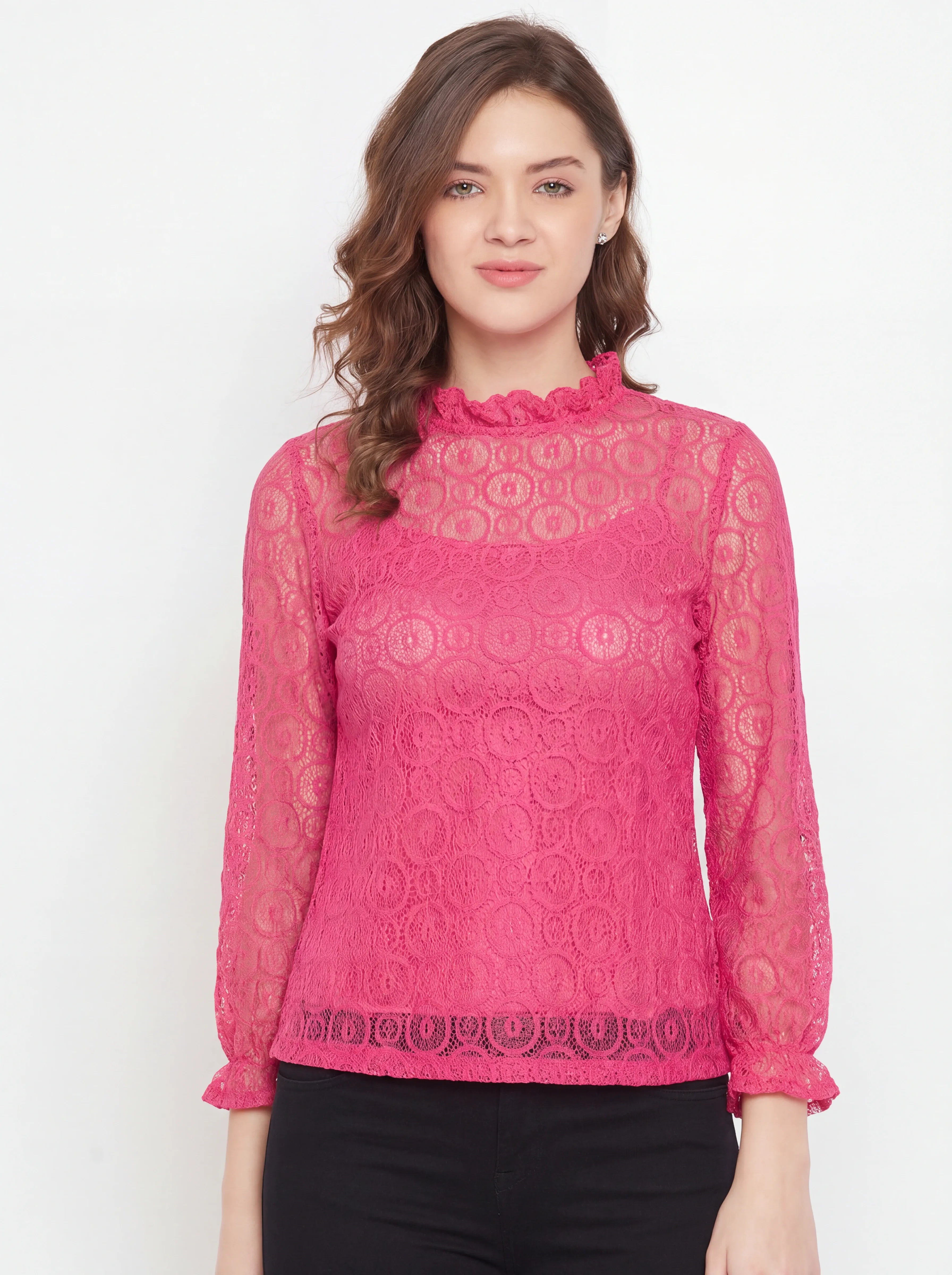 The Kaftan Company Tops Pink Circular Lace Top with Ruffle Neck and Cuffs