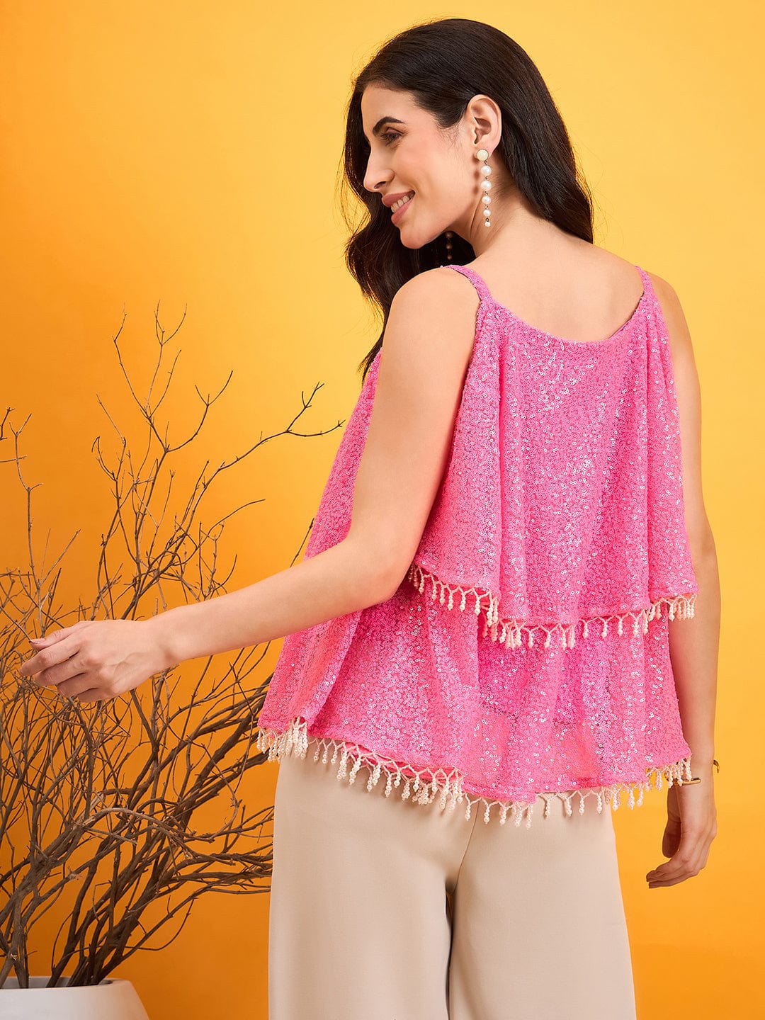 The Kaftan Company Tops Pink Sequined Glam Beaded Peplum Top