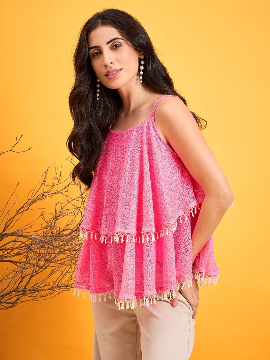 The Kaftan Company Tops Pink Sequined Glam Beaded Peplum Top