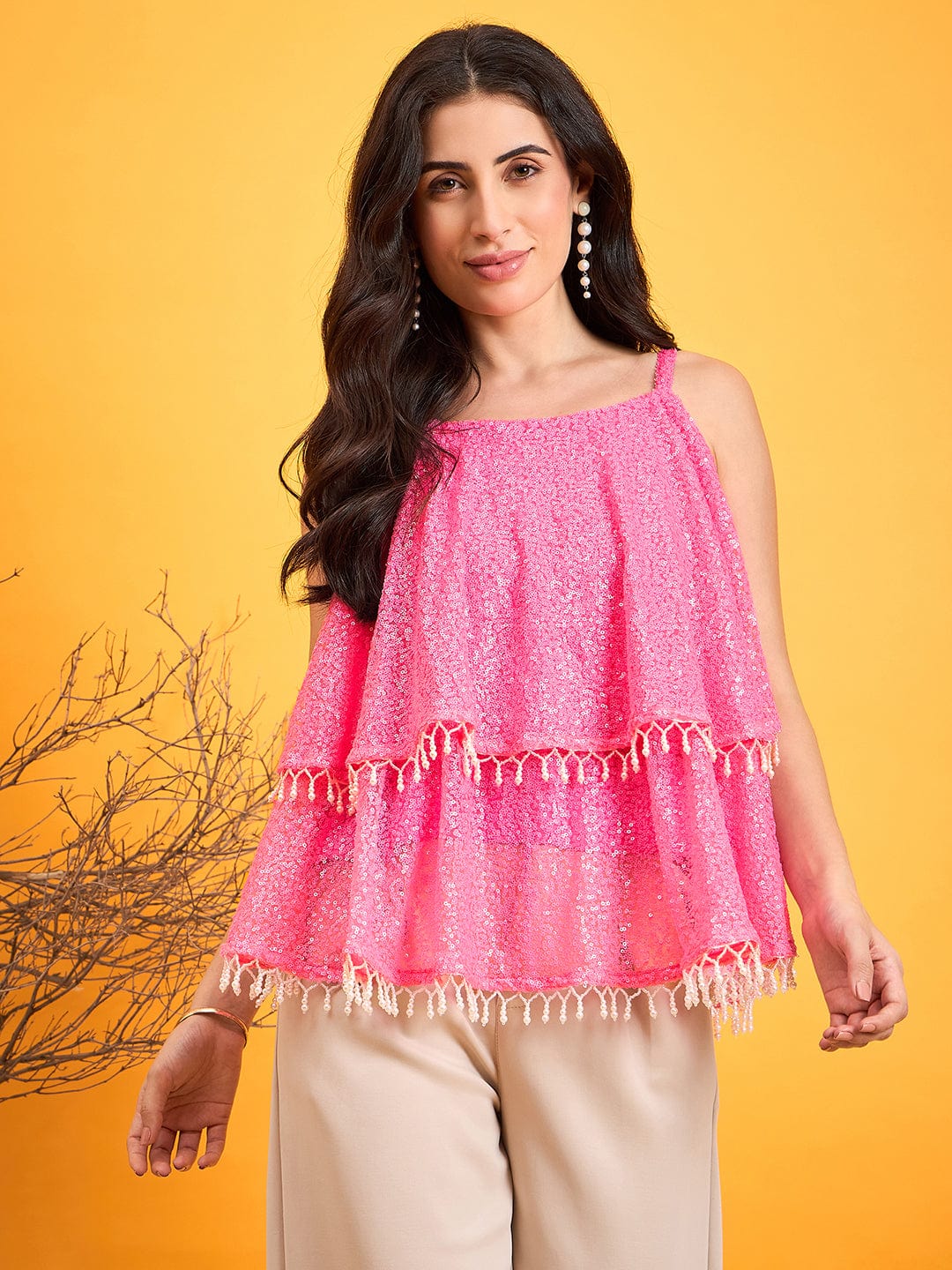 The Kaftan Company Tops Pink Sequined Glam Beaded Peplum Top
