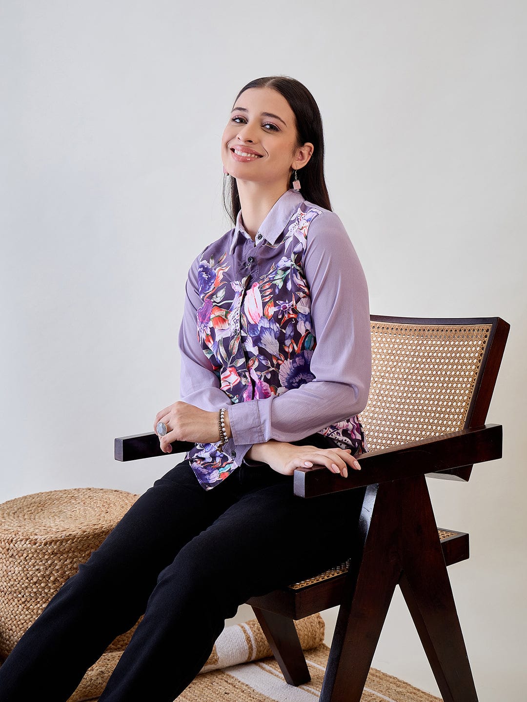 The Kaftan Company Tops Purple Painted Printed Crepe Button Down Shirt