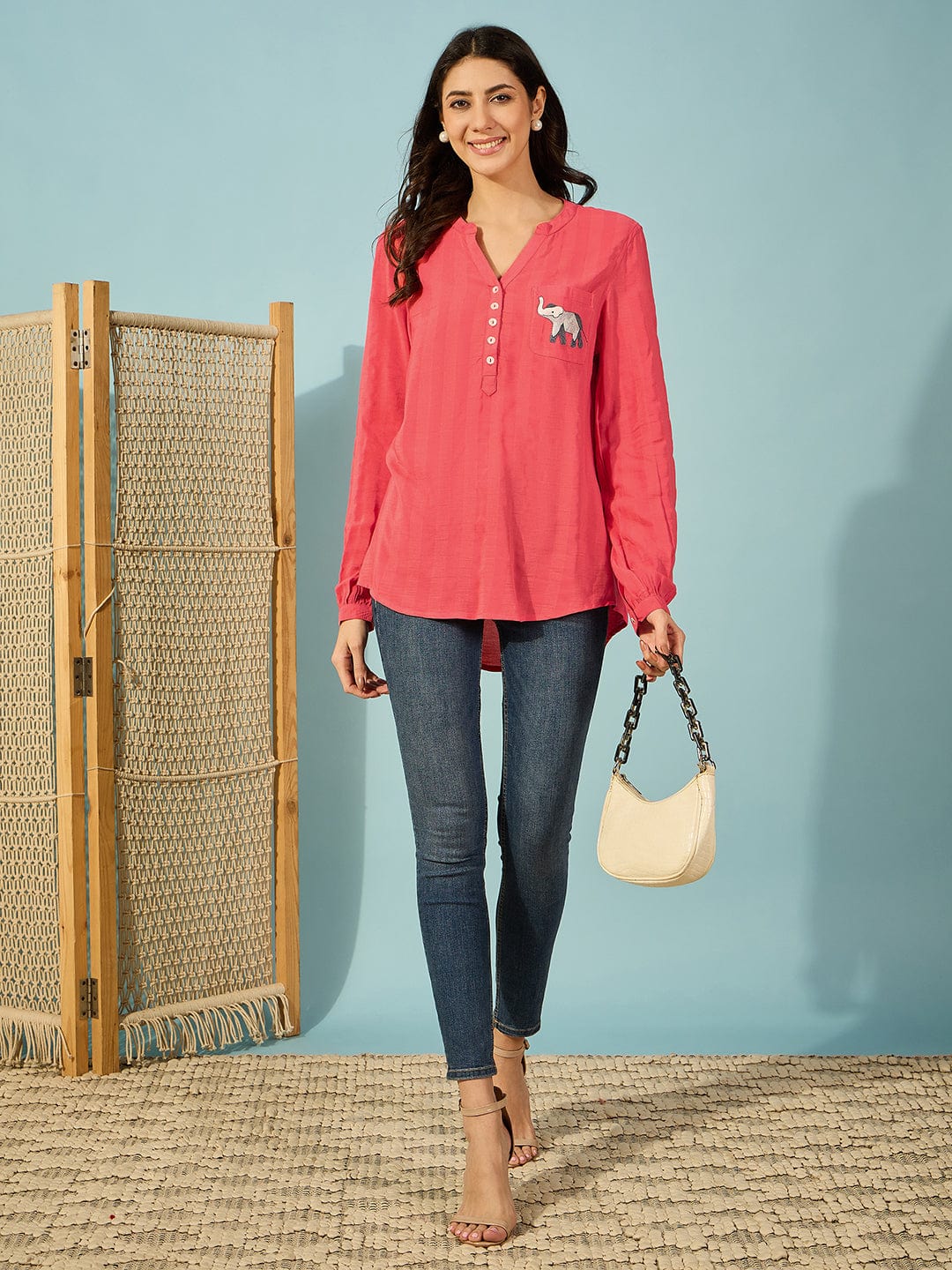 The Kaftan Company Tops Red Modal Shirt with Elephant Embroidery