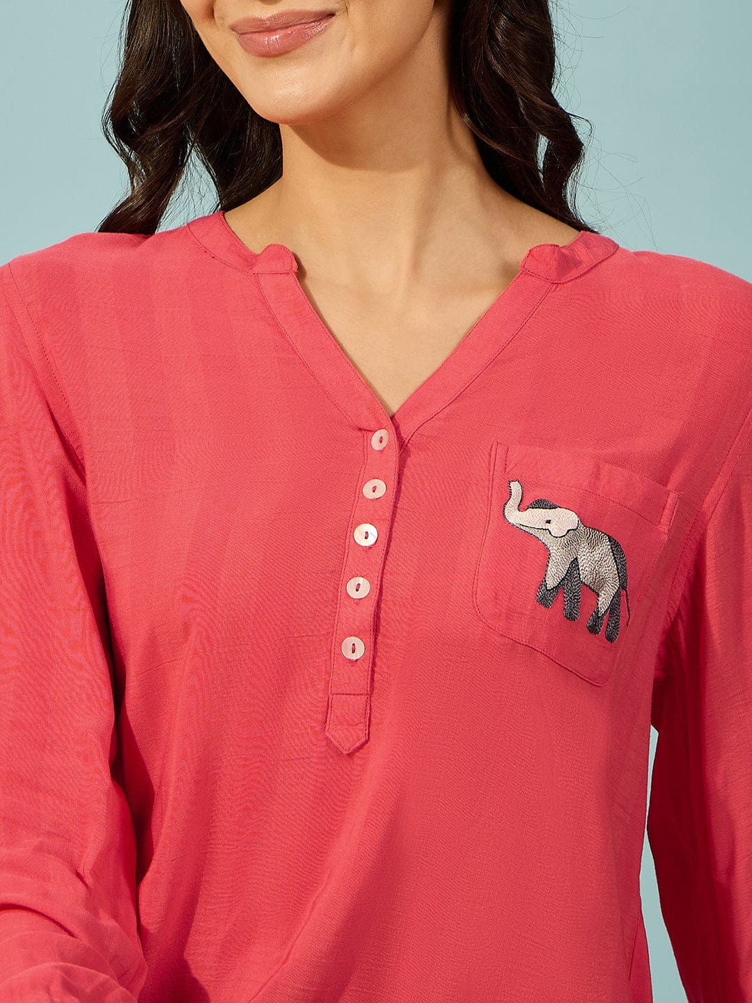 The Kaftan Company Tops Red Modal Shirt with Elephant Embroidery