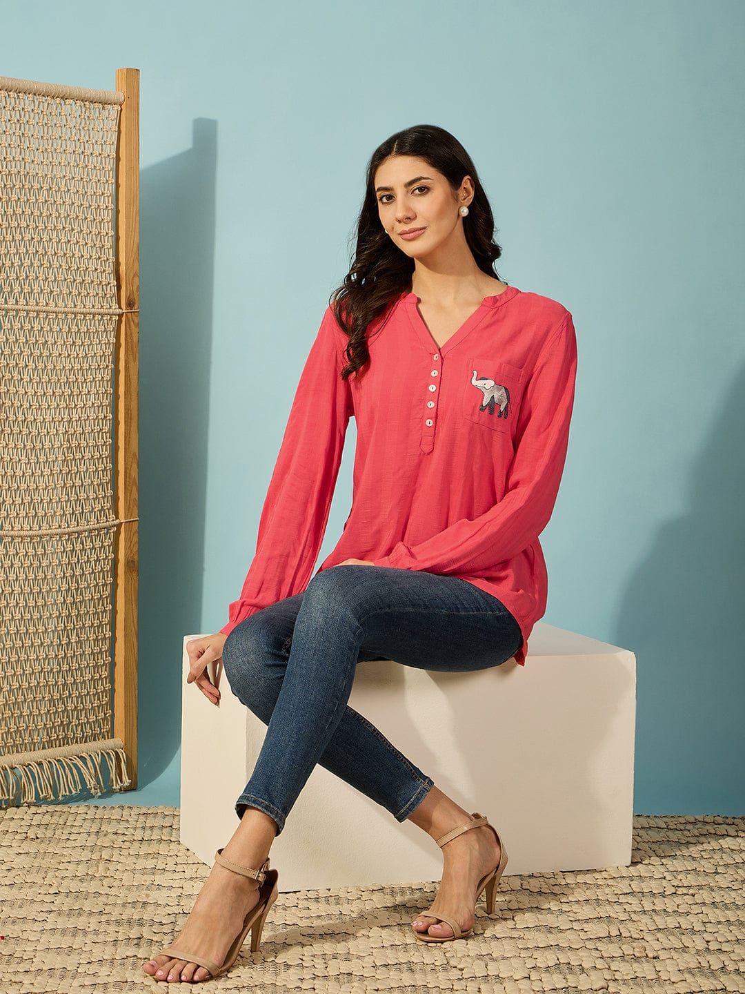 The Kaftan Company Tops Red Modal Shirt with Elephant Embroidery