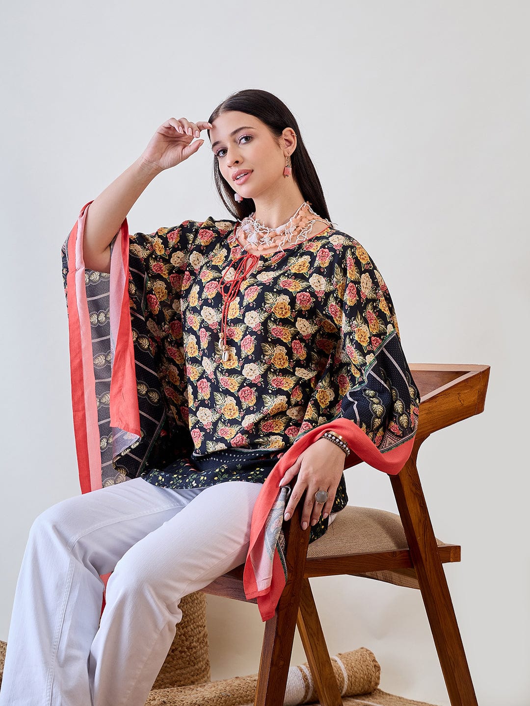 The Kaftan Company Tops Rose Floral Viscose Kaftan Crop Top