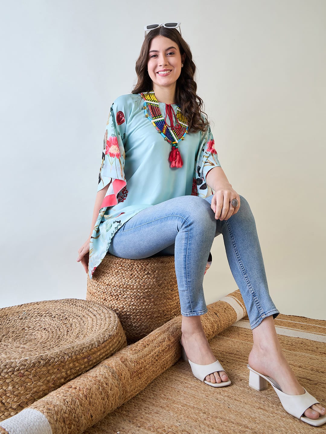 The Kaftan Company Tops Sky Blue Floral Kaftan Top