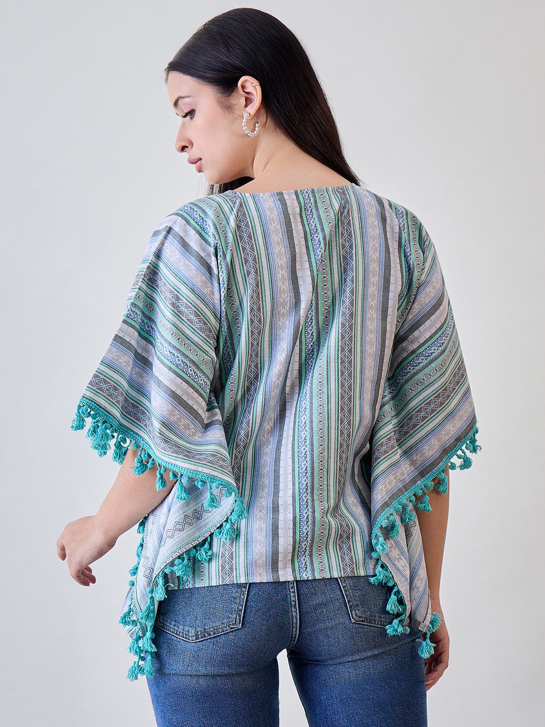 The Kaftan Company Tops Striped Cotton Blue Tasseled Pom Pom Crop Top