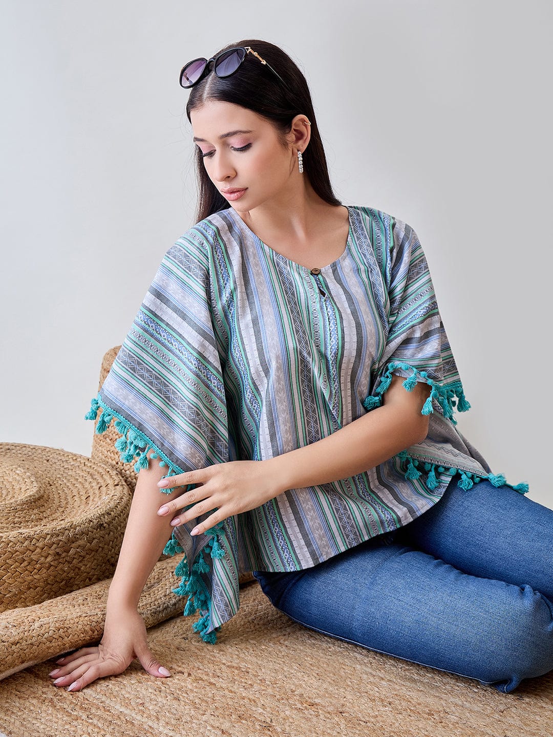 The Kaftan Company Tops Striped Cotton Blue Tasseled Pom Pom Crop Top