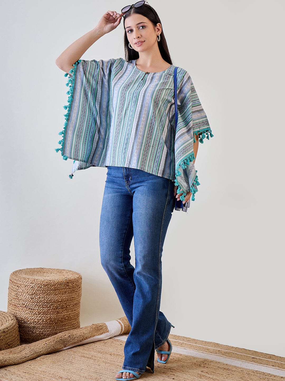 The Kaftan Company Tops Striped Cotton Blue Tasseled Pom Pom Crop Top