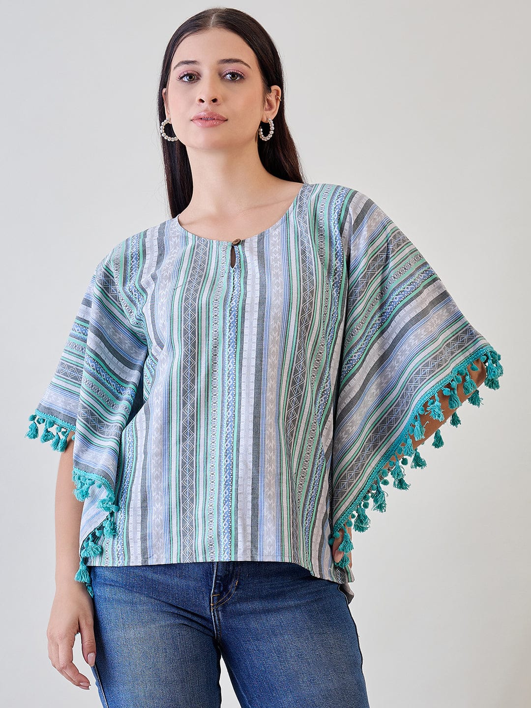 The Kaftan Company Tops Striped Cotton Blue Tasseled Pom Pom Crop Top