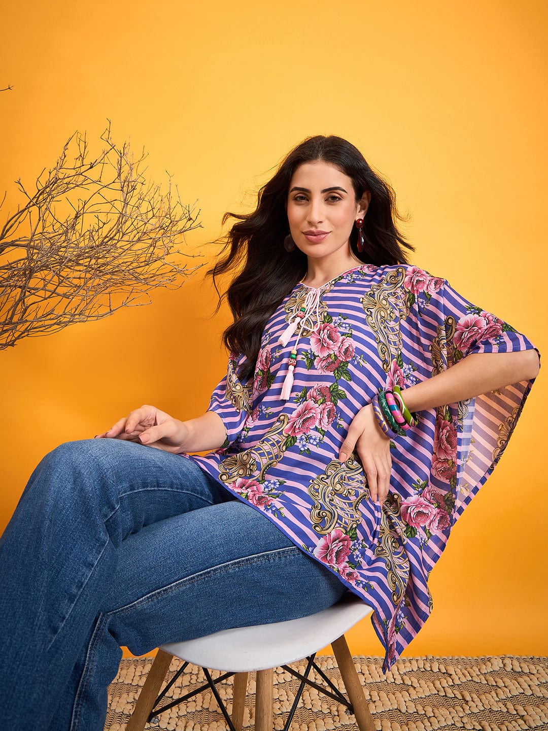 The Kaftan Company Tops Striped Floral Kaftan Top