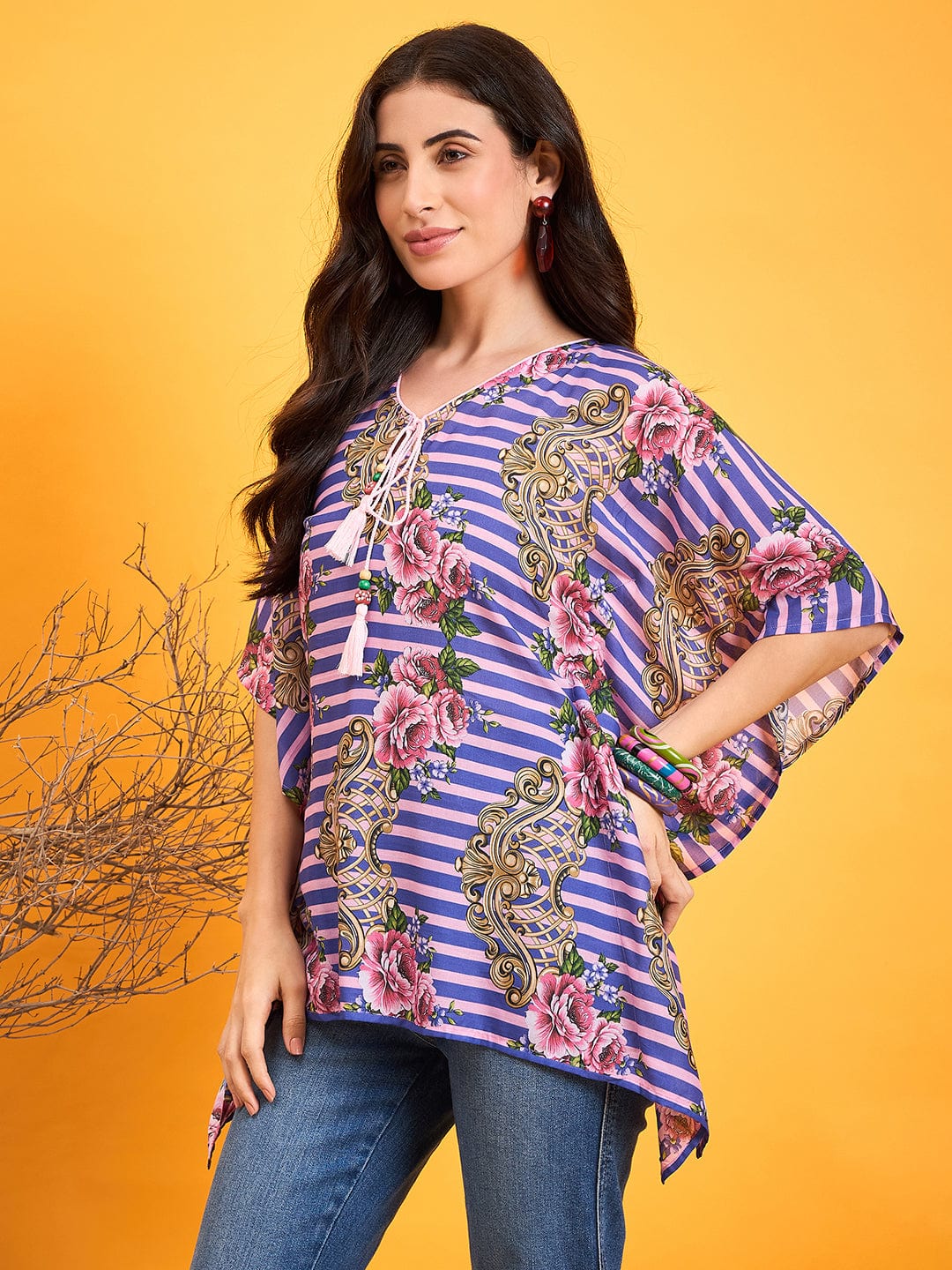 The Kaftan Company Tops Striped Floral Kaftan Top