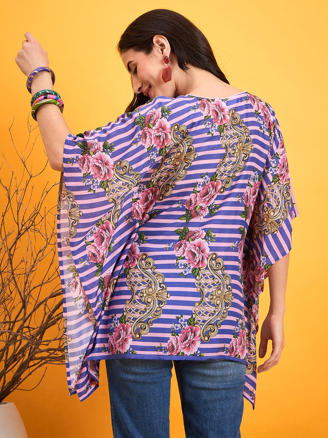 The Kaftan Company Tops Striped Floral Kaftan Top
