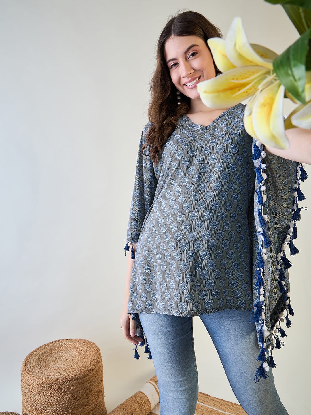 The Kaftan Company Tops Stylish Blue Printed Crepe Kaftan Top with Tassel Details