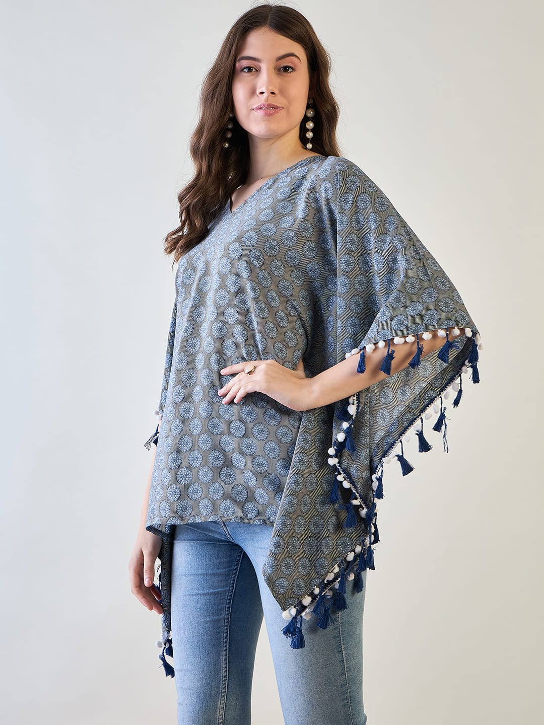 The Kaftan Company Tops Stylish Blue Printed Crepe Kaftan Top with Tassel Details