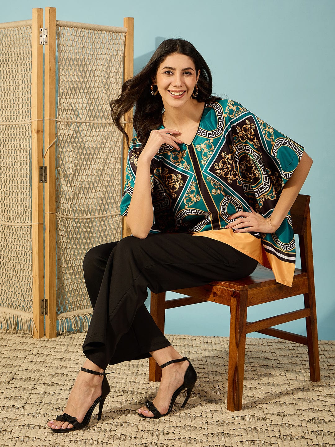 The Kaftan Company Tops Teal Baroque Printed Kaftan Top