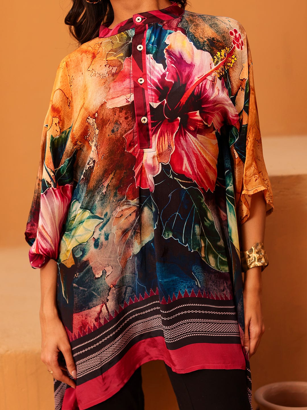 The Kaftan Company Tops Tropical Bloom Printed Natural Crepe Kaftan Top