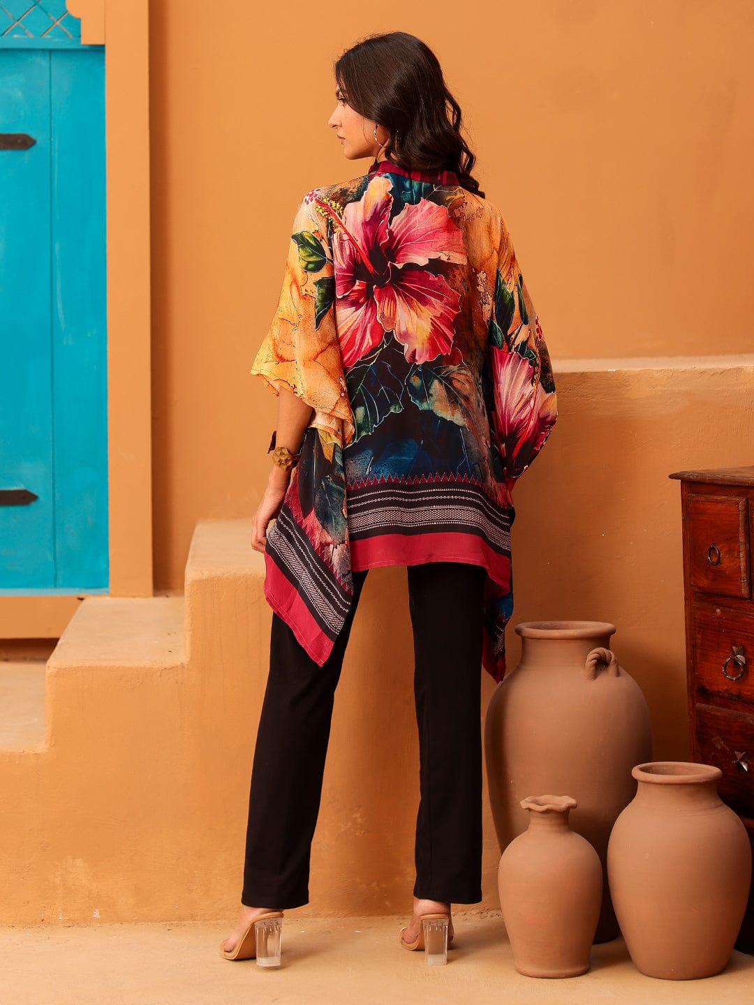 The Kaftan Company Tops Tropical Bloom Printed Natural Crepe Kaftan Top