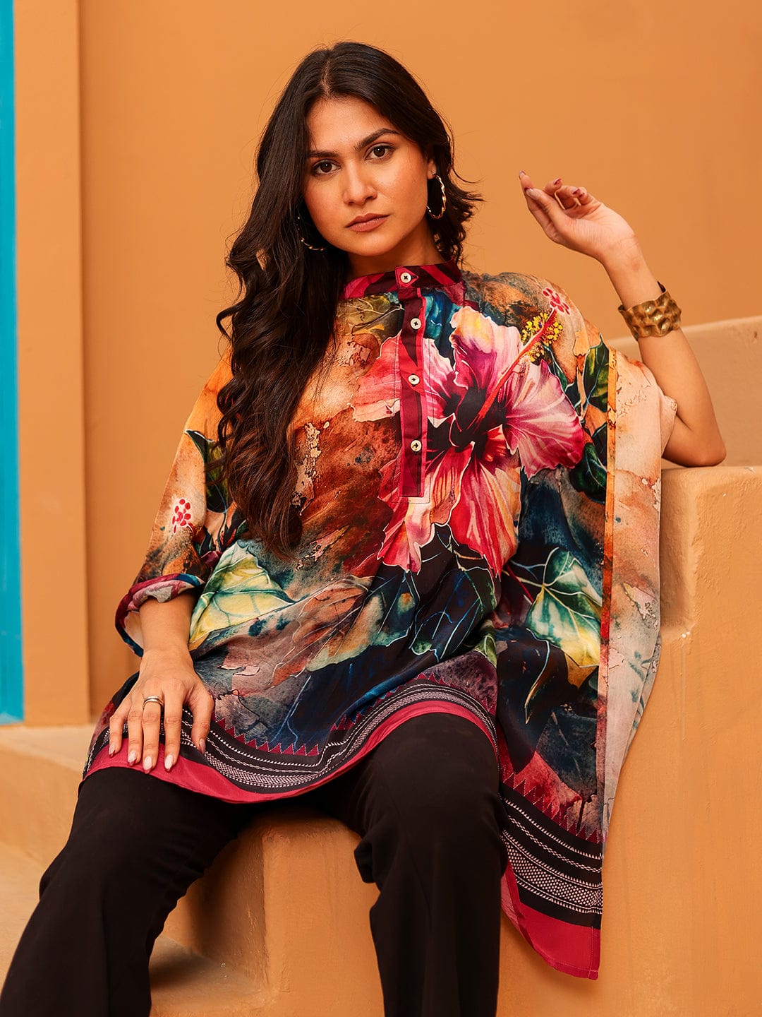 The Kaftan Company Tops Tropical Bloom Printed Natural Crepe Kaftan Top