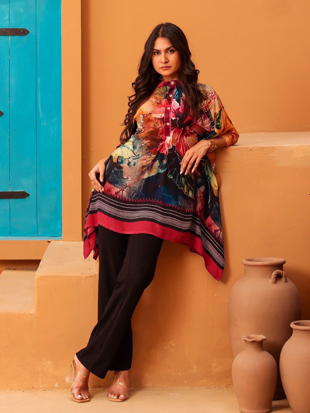 The Kaftan Company Tops Tropical Bloom Printed Natural Crepe Kaftan Top