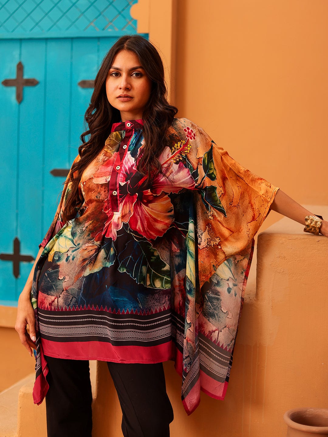 The Kaftan Company Tops Tropical Bloom Printed Natural Crepe Kaftan Top