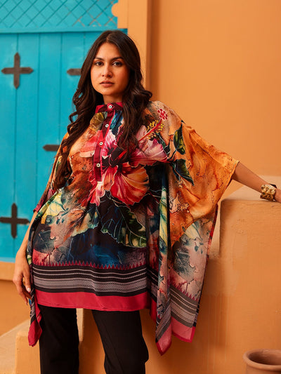 Tropical Bloom Printed Natural Crepe Kaftan Top