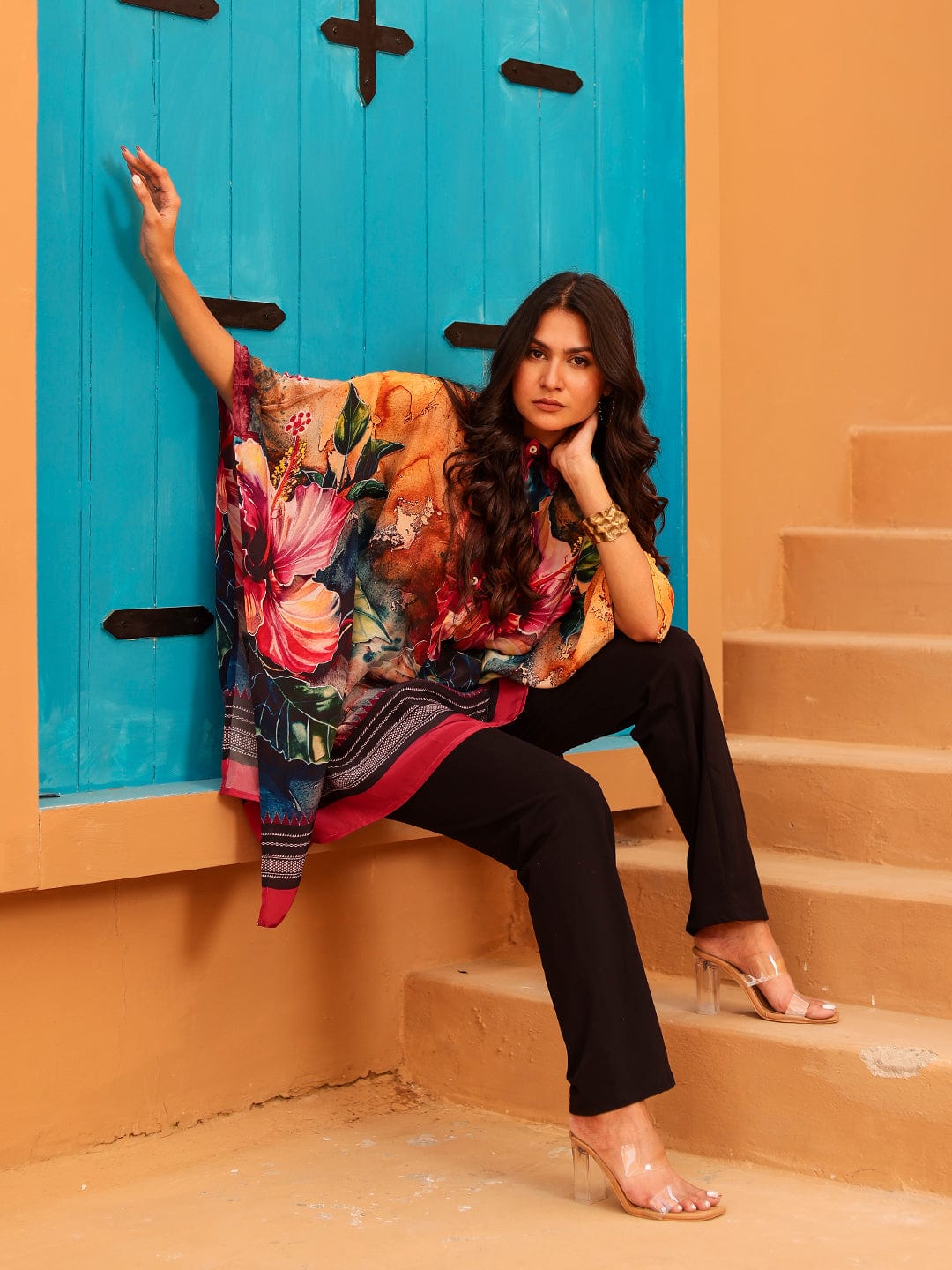 The Kaftan Company Tops Tropical Bloom Printed Natural Crepe Kaftan Top