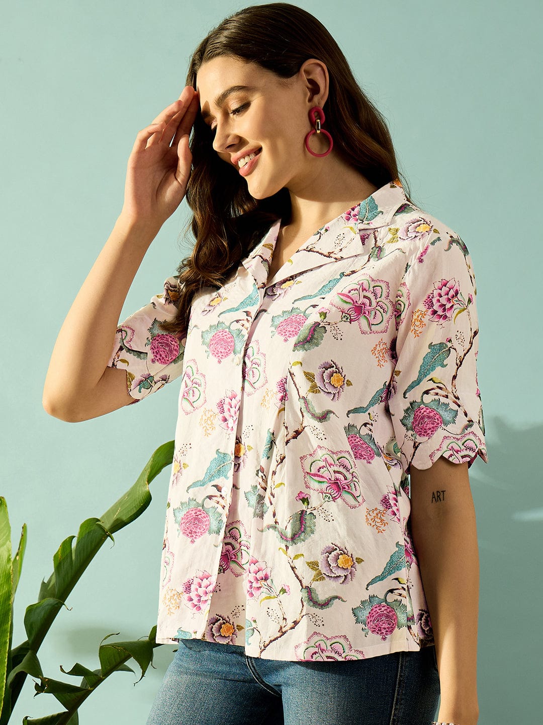 The Kaftan Company Tops Vintage Scallop Floral Button Down Shirt