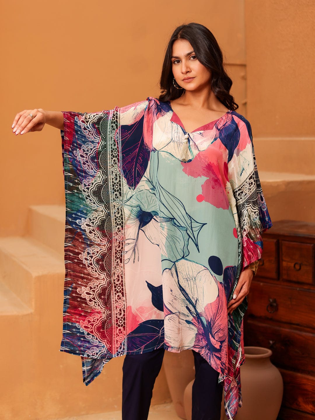 The Kaftan Company Tops Watercolor Floral Kaftan Tunic Top with Ethnic Border