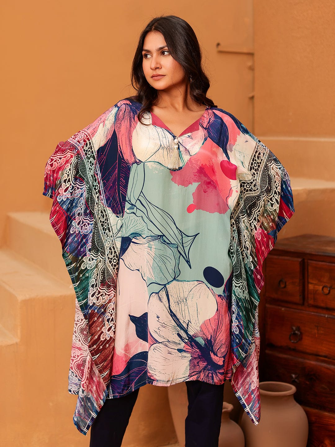The Kaftan Company Tops Watercolor Floral Kaftan Tunic Top with Ethnic Border