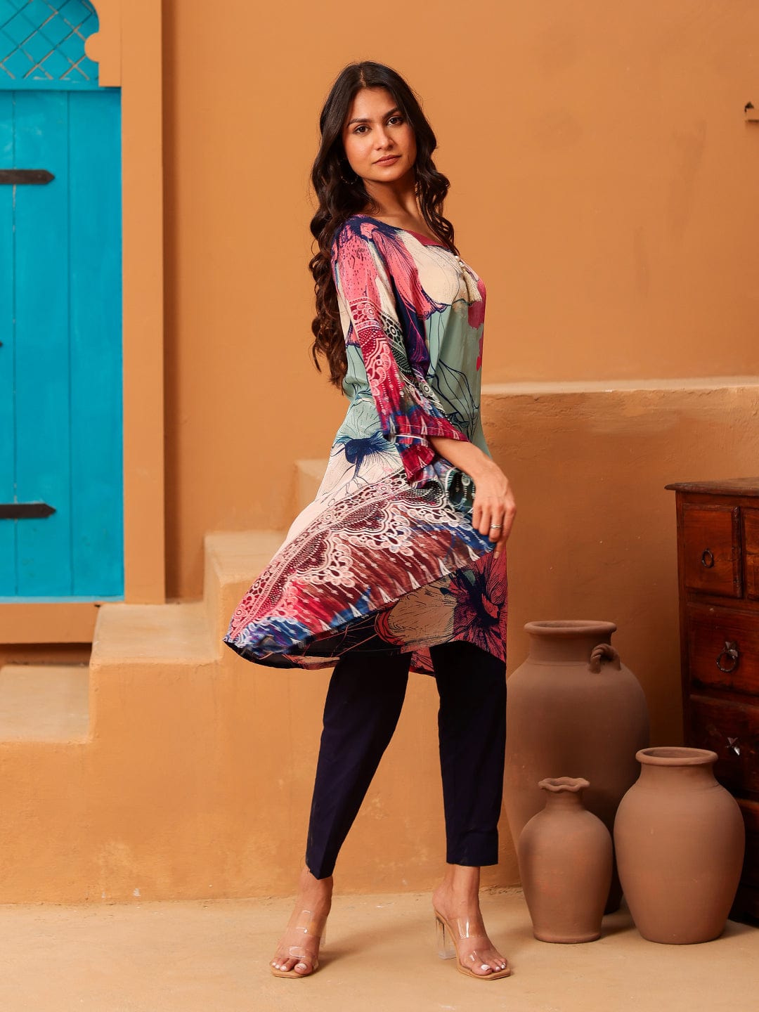 The Kaftan Company Tops Watercolor Floral Kaftan Tunic Top with Ethnic Border