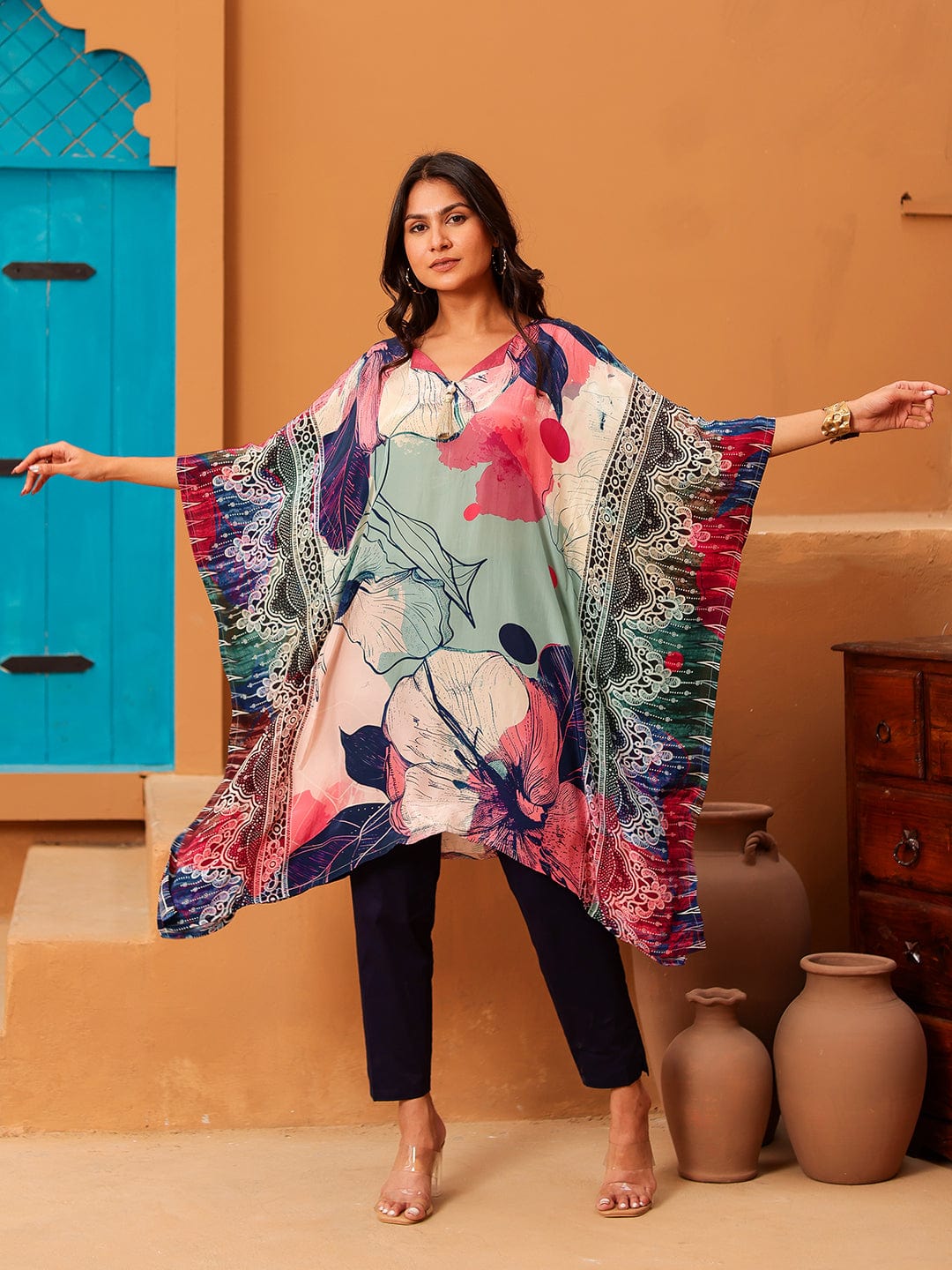 The Kaftan Company Tops Watercolor Floral Kaftan Tunic Top with Ethnic Border