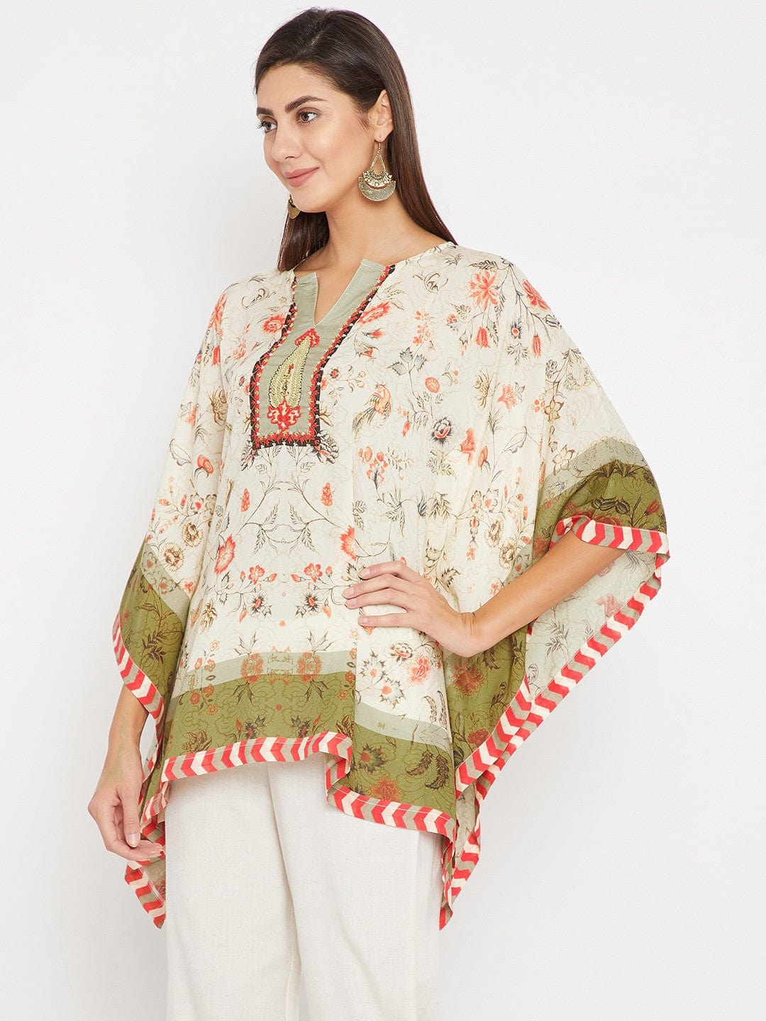 The Kaftan Company Tops White And Green Hand Embroidered Kaftan Top