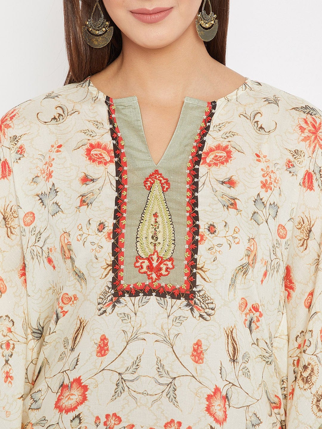 The Kaftan Company Tops White And Green Hand Embroidered Kaftan Top