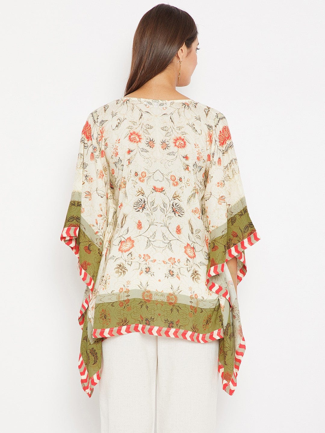 The Kaftan Company Tops White And Green Hand Embroidered Kaftan Top