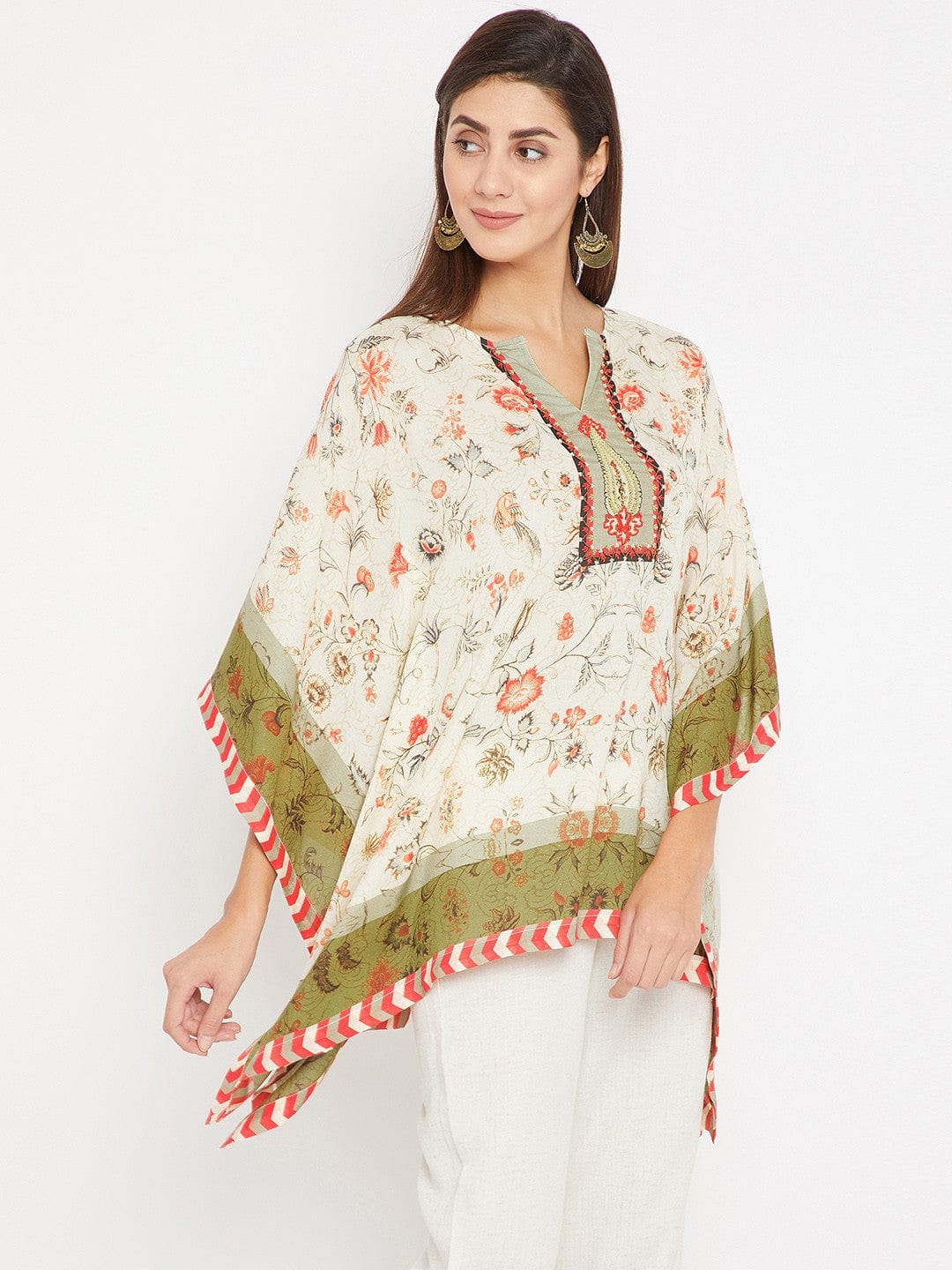 The Kaftan Company Tops White And Green Hand Embroidered Kaftan Top