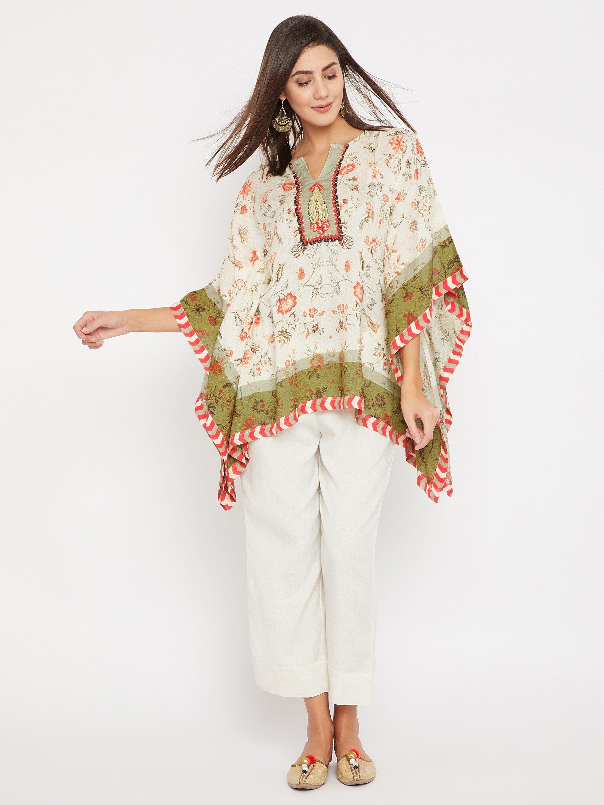 The Kaftan Company Tops White And Green Hand Embroidered Kaftan Top