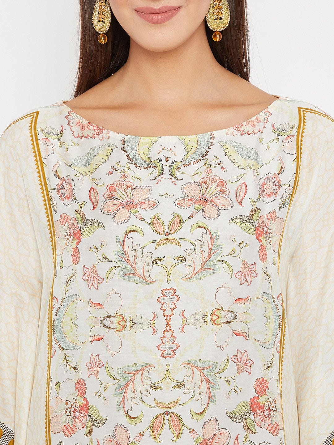 The Kaftan Company Tops White And Mustard Yellow Effortless Floral Kaftan Top