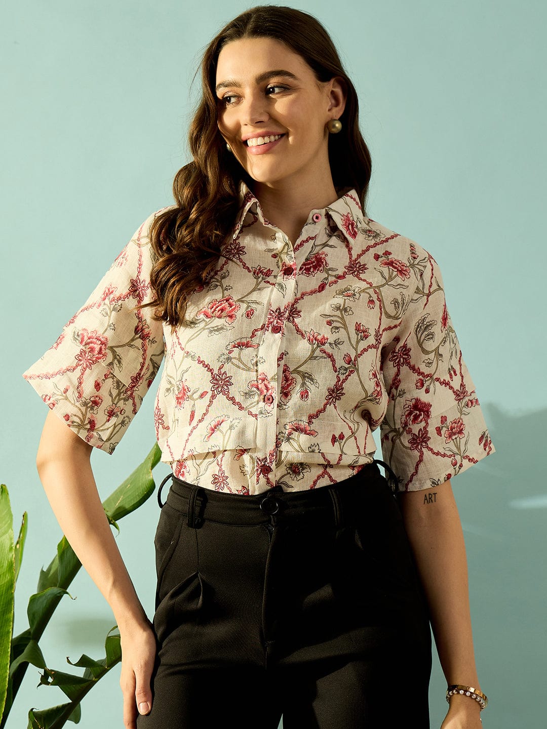 The Kaftan Company Tops White and Red Antique Floral Linen Button Down Shirt