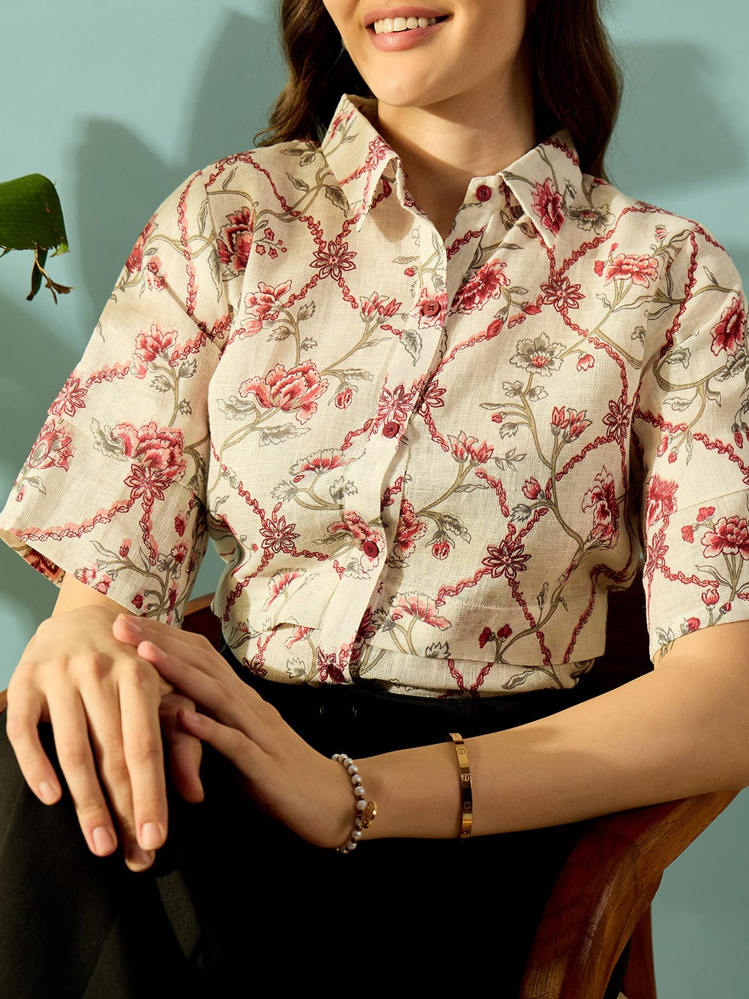 The Kaftan Company Tops White and Red Antique Floral Linen Button Down Shirt