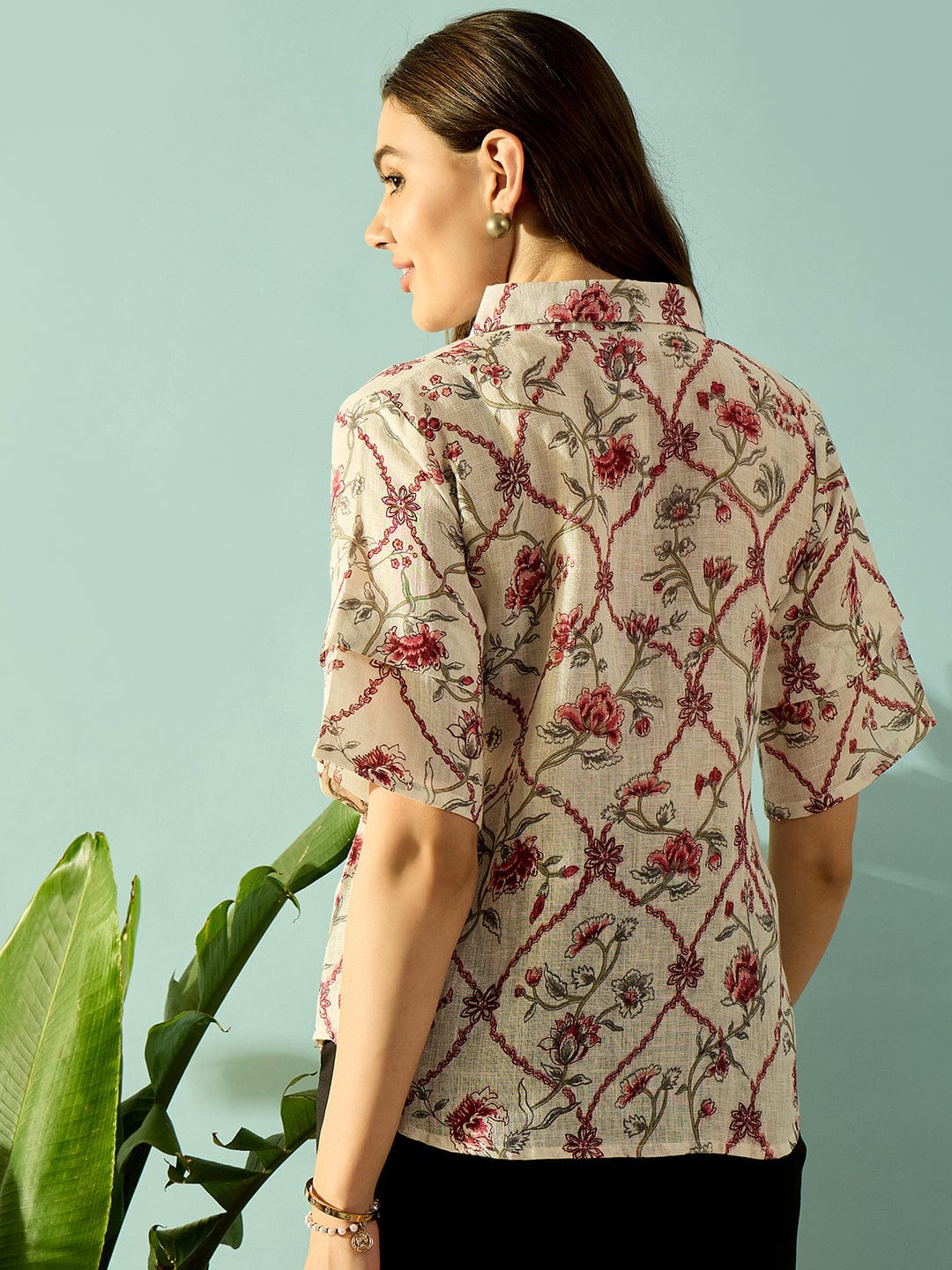 The Kaftan Company Tops White and Red Antique Floral Linen Button Down Shirt
