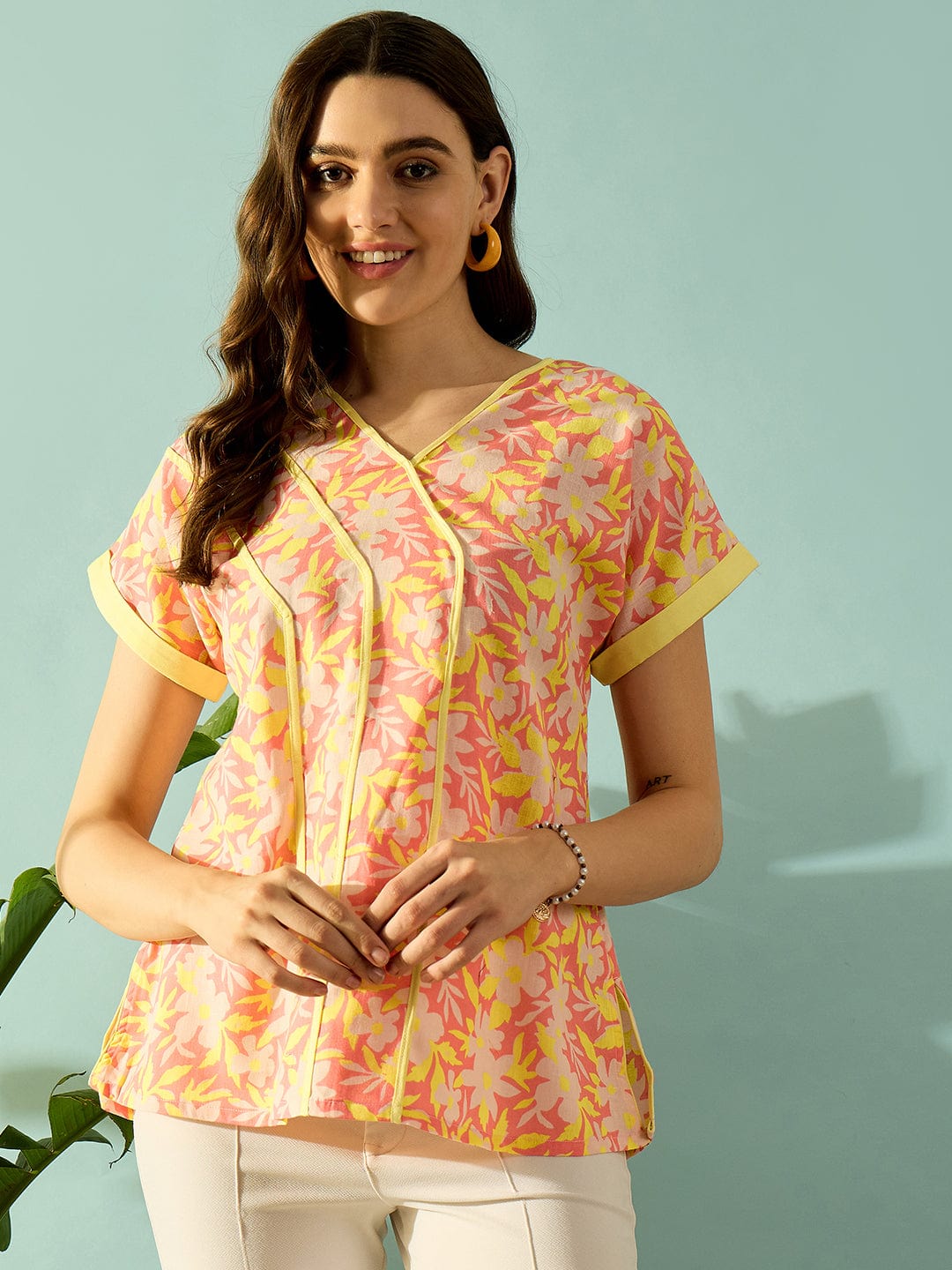 The Kaftan Company Tops Yellow Fuchsia Bloom Day Wear Top