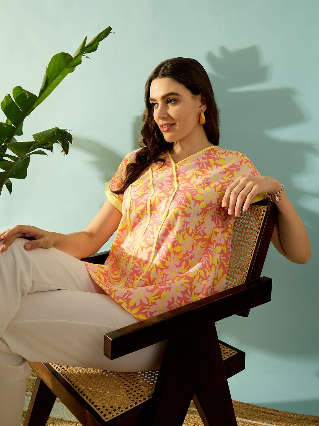 The Kaftan Company Tops Yellow Fuchsia Bloom Day Wear Top