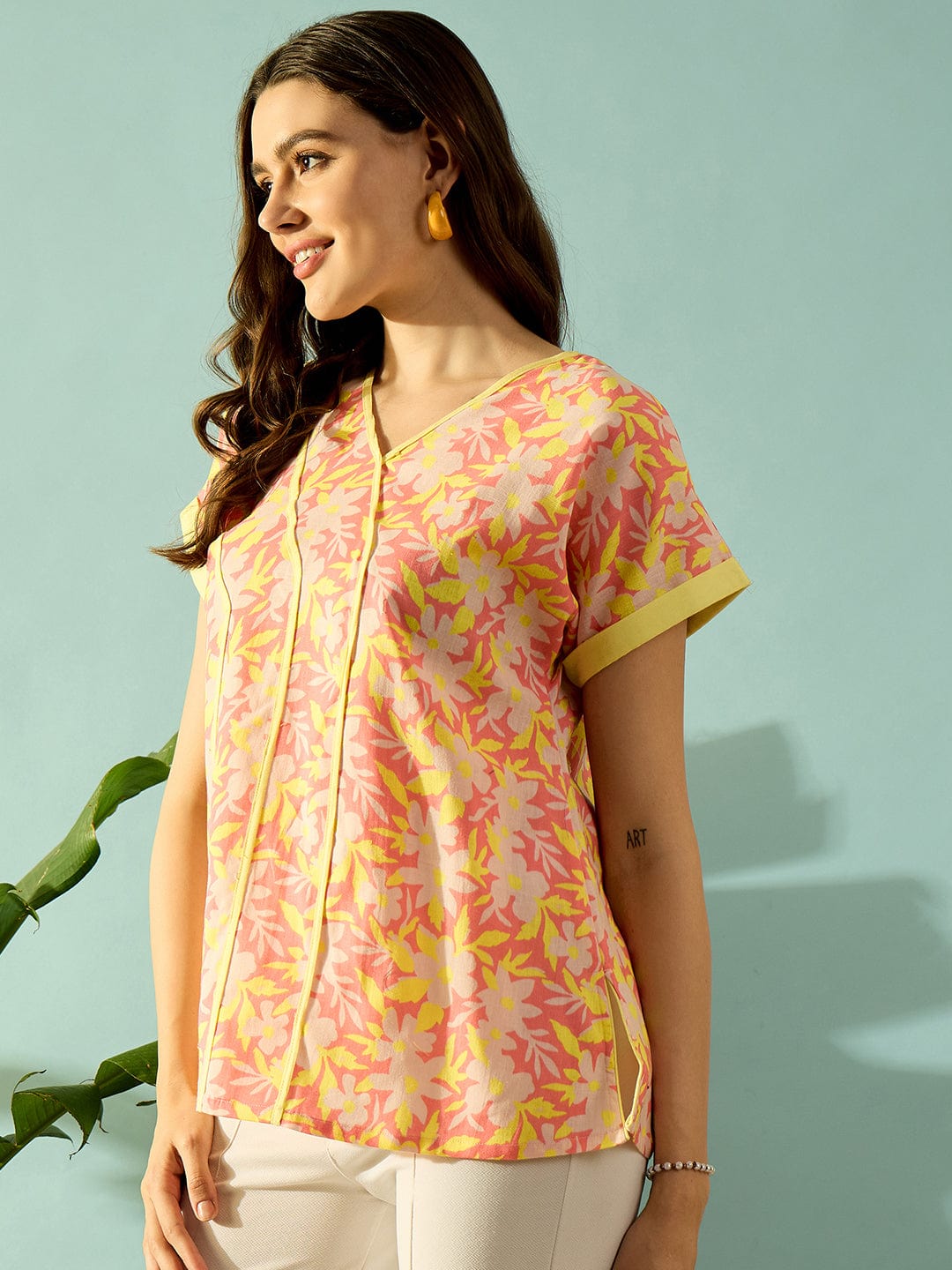 The Kaftan Company Tops Yellow Fuchsia Bloom Day Wear Top