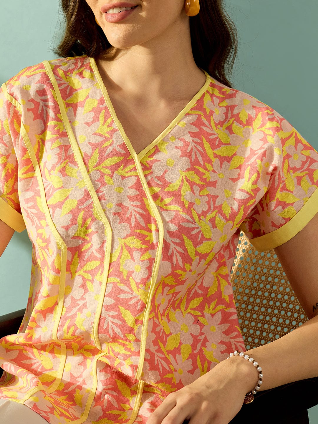The Kaftan Company Tops Yellow Fuchsia Bloom Day Wear Top