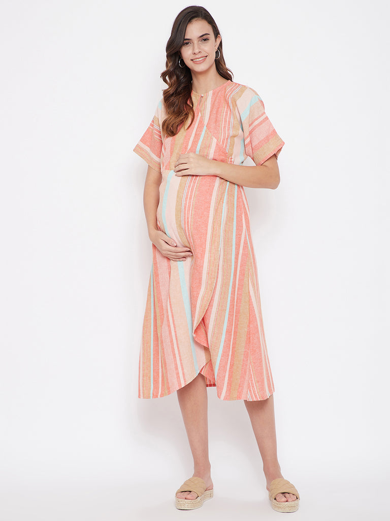 Shades of Pink Wrap Around Linen Maternity Dress 
