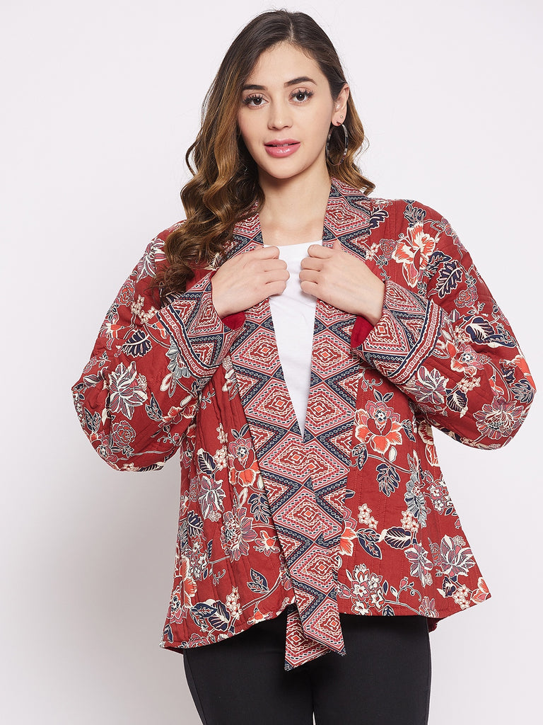 Maroon floral and geometric print lightly quilted front open jacket